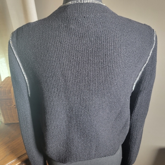 VINTAGE PUFF SLEEVE BLACK COTTON BLEND RHINESTONE TRIM SWEATER - Picture 2 of 8